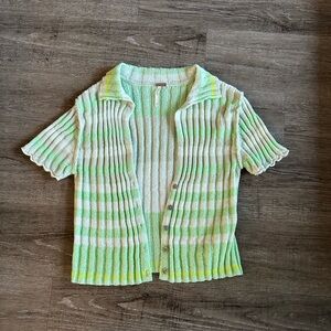 Free People Short Sleeve Knit Cardigan with Green and White Stripes Collared Tee